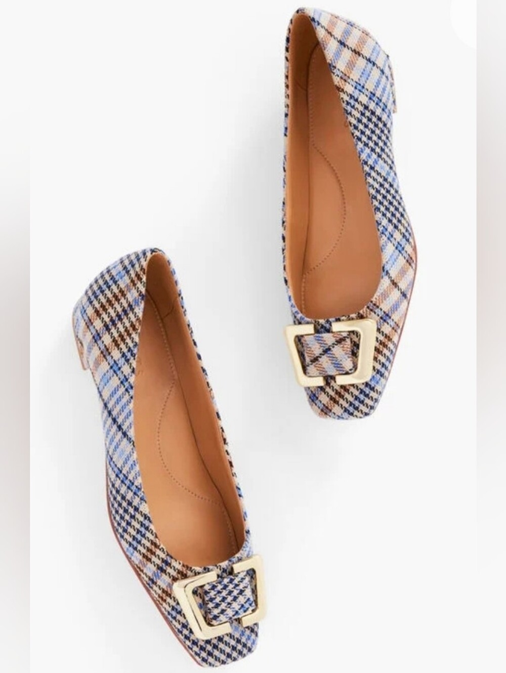 Talbots Sutton Buckle Flats Windy Plaid Square Toe- Gold Buckle